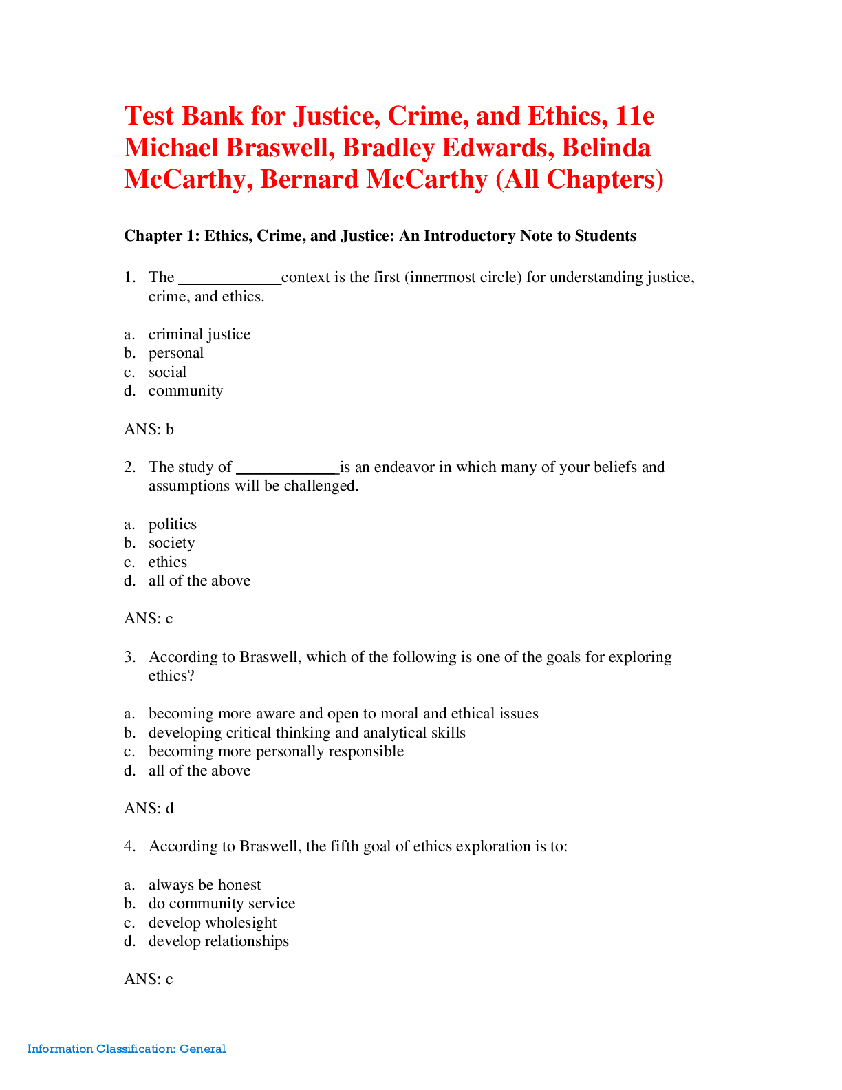 Recommended document preview for Justice, Crime, and Ethics, 11e Michael Braswell, Bradley Edwards, Belinda McCarthy, Bernard McCarthy (Test Bank)